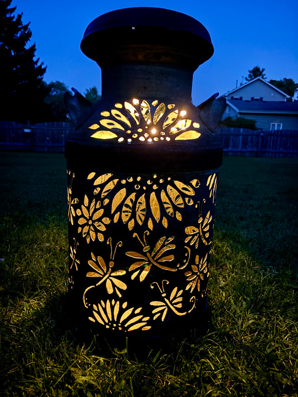 Vintage Milk Can Luminary - Dragonfly Design