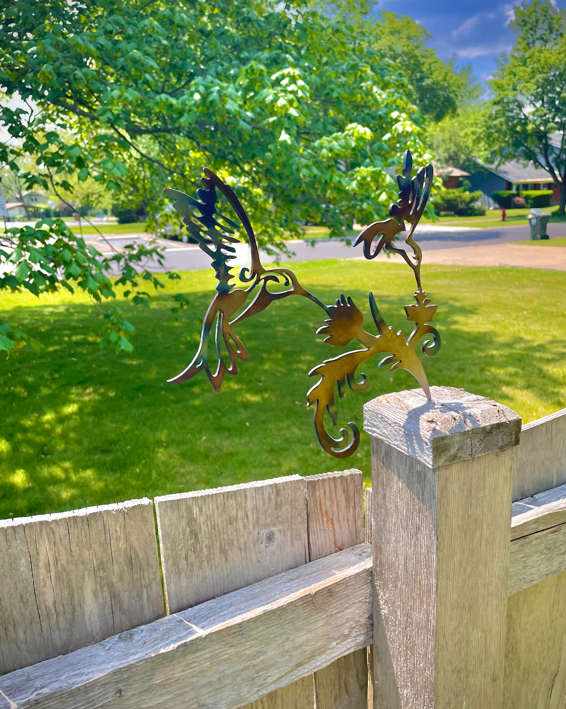 Cast Iron and Aluminum Hummingbird and Flower Wind Chime Stake with  Bronze-Colored and Verdigris Finishes